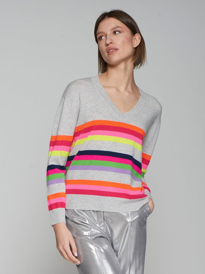 Vilagallo V-Neck Multi Stripe Jumper - Grey