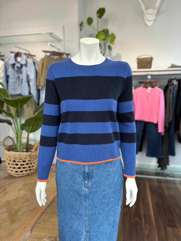 Estheme Cashmere Round Neck Striped Jumper - Black/Blue