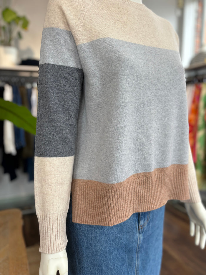 Estheme Cashmere Round Neck Striped Jumper - Grey/Beige